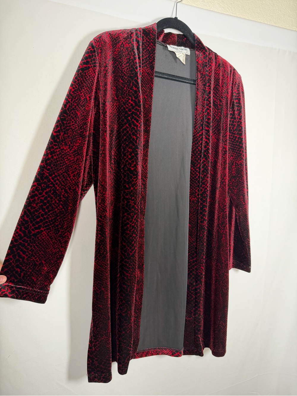 Vintage 90s Y2K Whimsigoth Red and Black Velvet Open Front Duster Cardigan